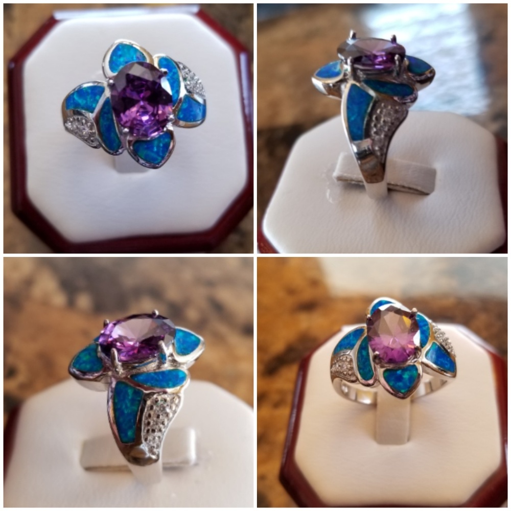 Genuine 3ct Amethyst & Australian Opal Ring Size 9 - Picture 2 of 5